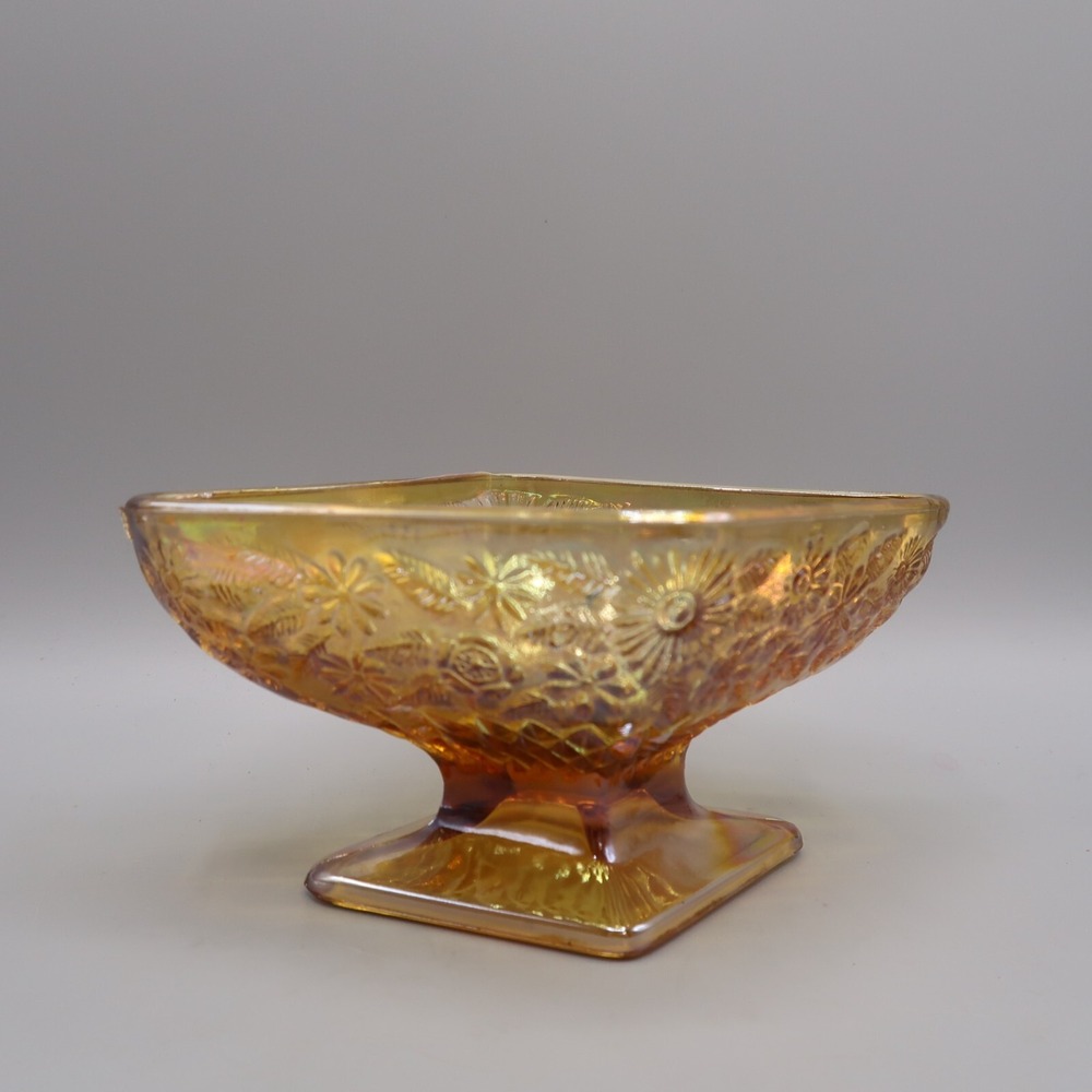 Vintage Indiana Carnival Glass Iridescent Amber Diamond Footed Candy Dish